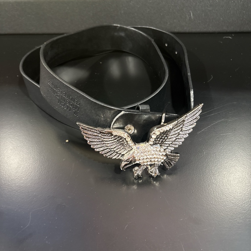 Black Leather Belt with Silver Eagle Buckle